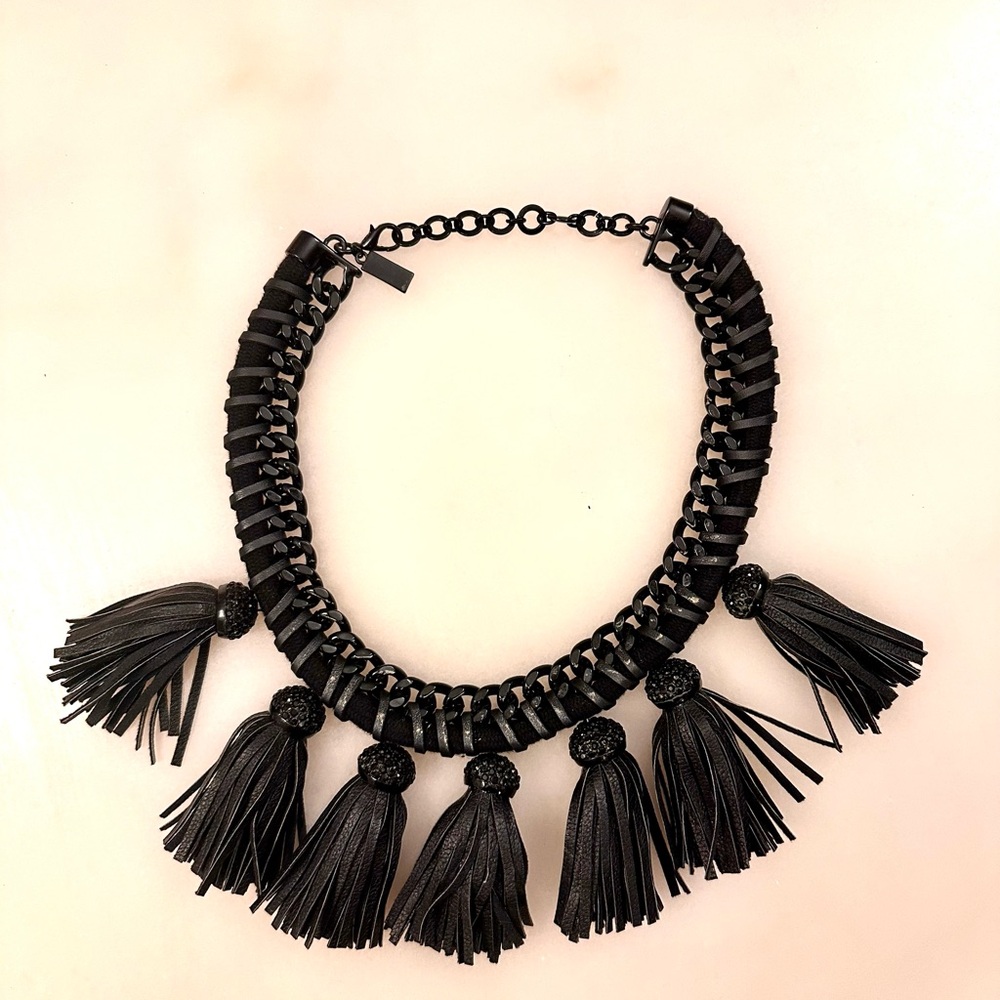 Black Leather and Metal Tassel Statement Necklace